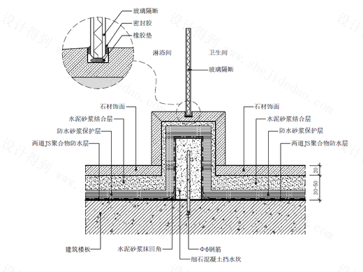 【地坪】卫生间淋浴房挡水槛地坪节点图(铺法二）/（玻璃隔断）